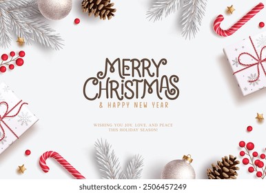 Merry christmas greeting card vector design. Christmas and happy new year greeting text with spruce leaves, gift box, holly berry and candy cane elements for white xmas background. Vector illustration