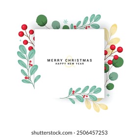 Diseño de Plantilla de Vector de tarjeta de felicitación de feliz Navidad. Navidades y texto de felicitación de feliz año nuevo en el espacio de pizarra blanca para tipografía con hojas de colores y Elementos de decoración de hojas de abeto. Vector 