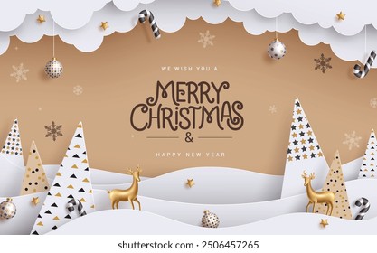 Merry christmas greeting card vector banner design. Christmas and happy new year greeting text with pine tree pattern, xmas balls, paper cut clouds and hanging ornaments. Vector illustration holiday 