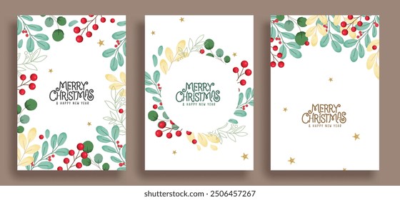 Merry christmas greeting card vector poster set. Christmas greeting text with garland leaf, holly berry and leaf wreath in water color design. Vector illustration holiday season gift tags. 
