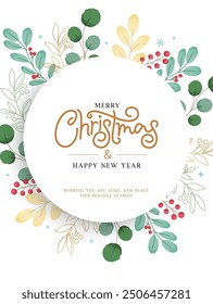 Merry christmas greeting card vector template design. Christmas and happy new year greeting text in white board space for typography with water color leaf design elements. Vector illustration holiday 