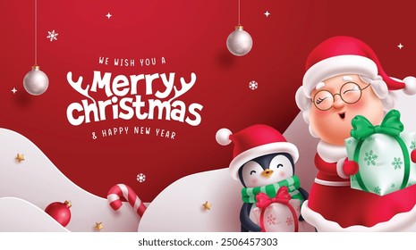 Merry christmas greeting card vector banner design. Mrs claus and penguin characters with christmas and happy new year greeting text in paper cut backdrop banner. Vector illustration holiday season 