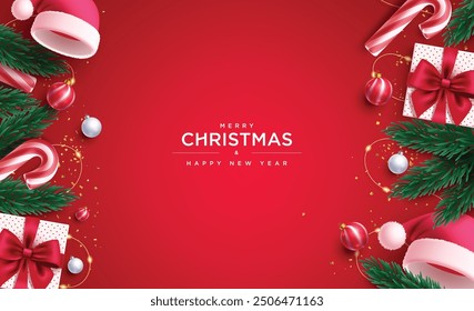 Merry christmas greeting card vector background design. Christmas and happy new year greeting text with garland, gift boxes, candy cane, balls and xmas lights decoration elements in red background. 