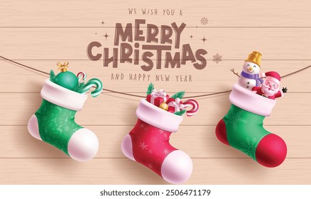 Merry christmas greeting card vector design. Christmas santa socks hanging with gift box, candy cane, ball, snowman and santa claus decoration elements in wooden background. Vector illustration