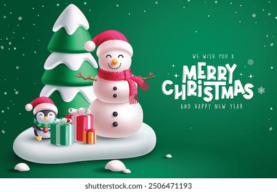 Merry christmas greeting card vector design. Snowman and penguin characters in ice podium with pine tree and gift boxes elements in green background. Vector illustration holiday season greeting design