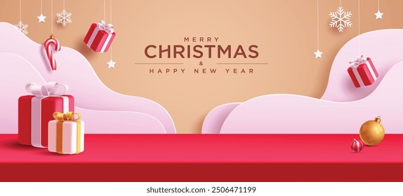 Diseño de Anuncio de Vector de tarjeta de felicitación de feliz Navidad. Podio de Navidades con fondo de papel cortado, caña de caramelo colgante, copos de nieve, estrellas y Elementos de decoración de cajas de regalo. producto de Ilustración vectorial 