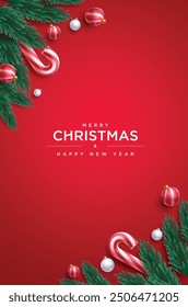 Merry christmas greeting card vector poster design. Christmas and happy new year greeting text with spruce leaves garland, candy cane and xmas balls ornaments in red elegant background. Vector 