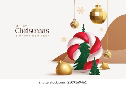 Merry christmas greeting card vector background design. Christmas and happy new year with candy cane, paper cut pine tree and hanging gold xmas balls in elegant background. Vector illustration holiday