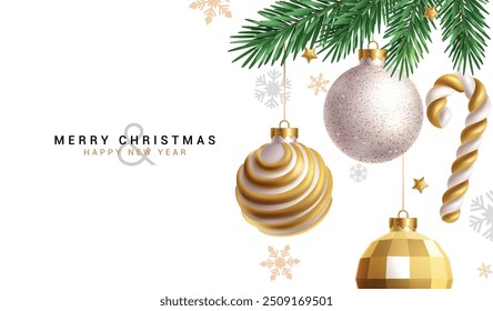 Merry christmas greeting card vector background design. Christmas hanging balls and candy cane in glitter and gold shiny decoration elements. Vector illustration holiday season elegant card. 
