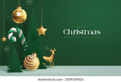 Merry christmas greeting card vector background design. Christmas and happy new year with hanging gold balls, stars, candy cane and paper cut pine tree in green background. Vector illustration holiday