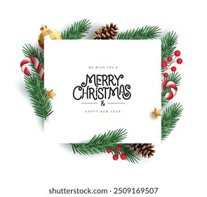 Merry christmas greeting card vector template design. Christmas and happy new year text in white board space for typography with spruce leaves, candy cane and holly berry decoration elements. Vector 