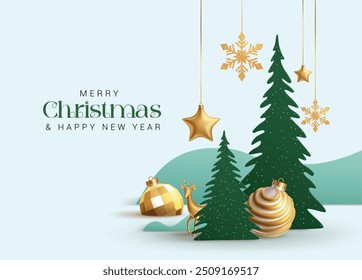 Merry christmas greeting card vector background design. Christmas and happy new year with pine tree paper cut, hanging stars, gold snowflakes and xmas balls decoration elements. Vector illustration 