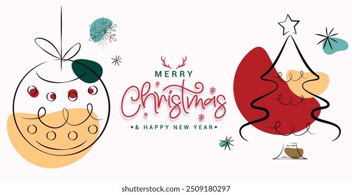 Merry christmas greeting card vector banner design. Christmas greeting text with doodle hanging xmas ball and pine tree elements hand drawn sketch in colorful abstract white background. Vector 