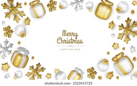 Merry christmas greeting card vector poster. Christmas elegant invitation template with xmas balls, xmas tree and snowflakes. Vector illustration holiday season greeting