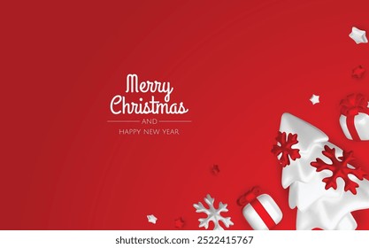Merry christmas greeting card vector poster. Christmas elegant invitation template with xmas balls, xmas tree and snowflakes. Vector illustration holiday season greeting