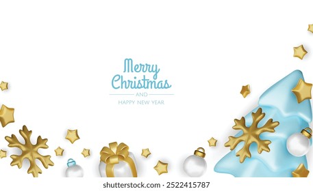 Merry christmas greeting card vector poster. Christmas elegant invitation template with xmas balls, xmas tree and snowflakes. Vector illustration holiday season greeting