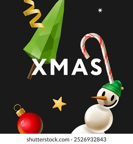 Merry Christmas greeting card vector poster. Christmas elegant invitation template with snowman, Xmas tree, ball, candy cane and serpentine decoration. Vector illustration holiday season greeting