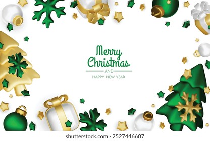 Merry christmas greeting card vector poster. Christmas elegant invitation template with xmas balls, xmas tree and snowflakes. Vector illustration holiday season greeting