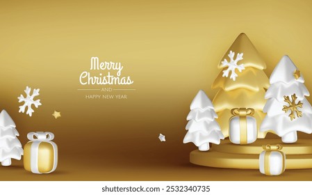 Merry christmas greeting card vector poster. Christmas elegant invitation template with xmas balls, xmas tree and snowflakes. Vector illustration holiday season greeting