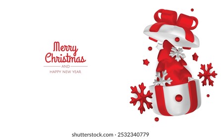 Merry christmas greeting card vector poster. Christmas elegant invitation template with xmas balls, xmas tree and snowflakes. Vector illustration holiday season greeting