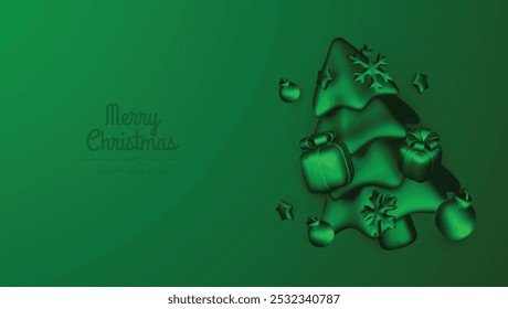 Merry christmas greeting card vector poster. Christmas elegant invitation template with xmas balls, xmas tree and snowflakes. Vector illustration holiday season greeting