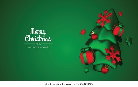 Merry christmas greeting card vector poster. Christmas elegant invitation template with xmas balls, xmas tree and snowflakes. Vector illustration holiday season greeting