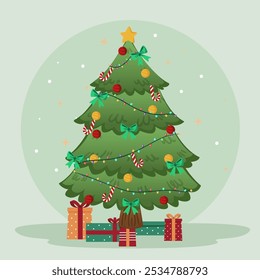 Merry Christmas greeting card. Vector illustration in trendy flat style decorating Christmas tree