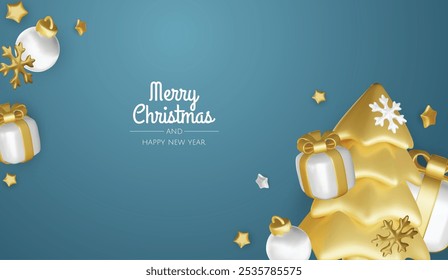 Merry christmas greeting card vector poster. Christmas elegant invitation template with xmas balls, xmas tree and snowflakes. Vector illustration holiday season greeting