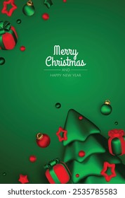 Merry christmas greeting card vector poster. Christmas elegant invitation template with xmas balls, xmas tree and snowflakes. Vector illustration holiday season greeting