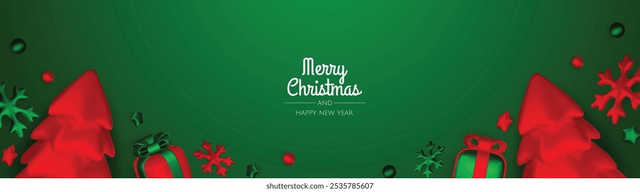 Merry christmas greeting card vector poster. Christmas elegant invitation template with xmas balls, xmas tree and snowflakes. Vector illustration holiday season greeting