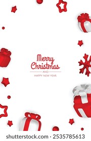 Merry christmas greeting card vector poster. Christmas elegant invitation template with xmas balls, xmas tree and snowflakes. Vector illustration holiday season greeting