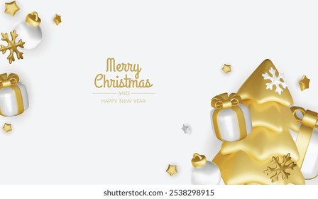 Merry christmas greeting card vector poster. Christmas elegant invitation template with xmas balls, xmas tree and snowflakes. Vector illustration holiday season greeting