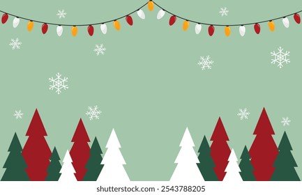 Merry christmas greeting card vector background design. Christmas and happy new year greeting text with paper cut pine tree, hanging gold balls, star and candy cane decoration elements. Vector Lights.