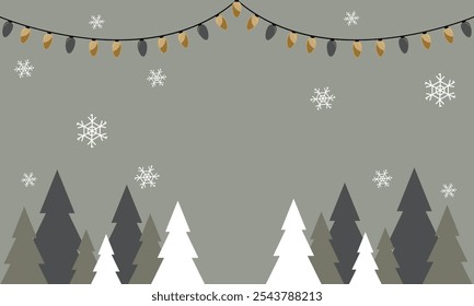 Merry christmas greeting card vector background design. Christmas and happy new year greeting text with paper cut pine tree, hanging gold balls, star and candy cane decoration elements. Vector Lights.