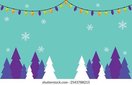 Merry christmas greeting card vector background design. Christmas and happy new year greeting text with paper cut pine tree, hanging gold balls, star and candy cane decoration elements. Vector Lights.