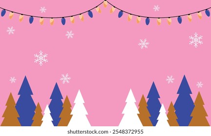 Merry christmas greeting card vector background design. Christmas and happy new year greeting text with paper cut pine tree, hanging gold balls, star and candy cane decoration elements. Vector Lights.