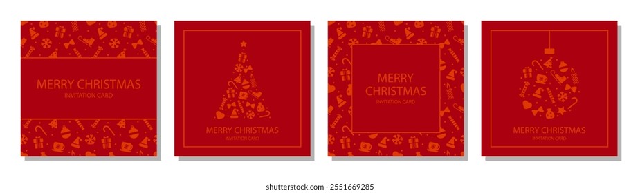 Merry Christmas greeting card vector poster set. Christmas elegant invitation templates with xmas ornaments decoration. Holiday Wishes in modern minimalist style for web, social media, print