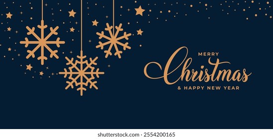 Merry christmas greeting card vector background design. Christmas and happy new year greeting text anging gold decoration elements Vector