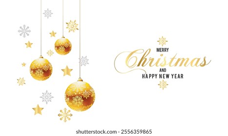 Merry christmas greeting card vector design. Christmas hanging glitter balls, ornaments and gold star decoration in elegant white background. Vector illustration holiday season