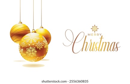 Merry Christmas greeting card vector design. Christmas  decoration with hanging glitter balls in elegant white background. Vector illustration holiday season