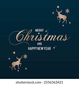 Merry Christmas Greeting Card Vector Design. Christmas and Happy New Year Holiday Background With Deer, Snowflakes and Stars. Vector illustration holiday season