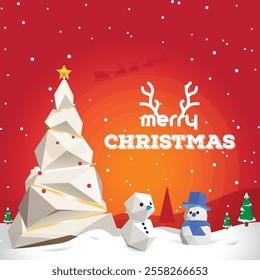 Merry Christmas greeting card vector background design. Christmas with christmas tree, paper cut pine tree and xmas snow man in elegant background. Vector illustration holiday