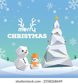 Merry Christmas greeting card vector background design. Christmas Tree with Snow Man, paper cut white pine tree and white xmas snowman in elegant background. Vector illustration holiday