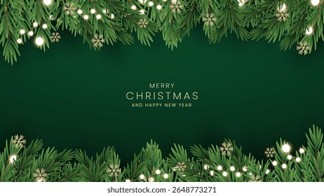 Merry christmas greeting card vector poster. Christmas elegant invitation template. Christmas decoration border with fir branches and golden glitter confetti and sparkles of lights vector design.