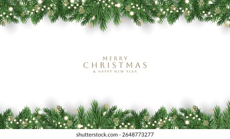Merry christmas greeting card vector poster. Christmas elegant invitation template. Christmas decoration border with fir branches and golden glitter confetti and sparkles of lights vector design.