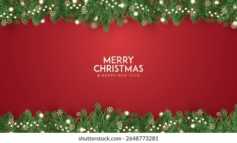 Merry christmas greeting card vector poster. Christmas elegant invitation template. Christmas decoration border with fir branches and golden glitter confetti and sparkles of lights vector design.