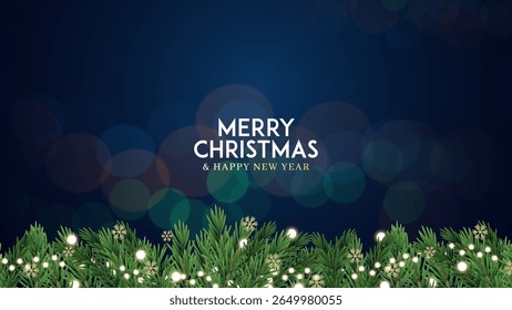 Merry christmas greeting card vector poster. Christmas elegant invitation template. Christmas decoration border with fir branches and golden glitter confetti and sparkles of lights vector design.