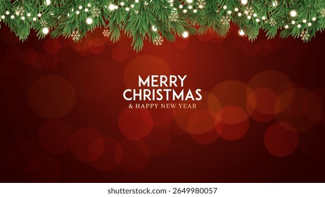 Merry christmas greeting card vector poster. Christmas elegant invitation template. Christmas decoration border with fir branches and golden glitter confetti and sparkles of lights vector design.