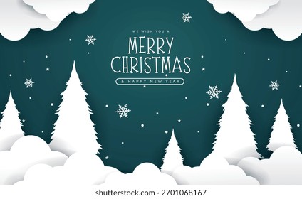 Feliz Natal cartão vetor design. Natal papel cortar nuvens, pinheiro e elementos de decoração em modelo azul. Cartão de saudação de corte de papel para ilustração vetorial.