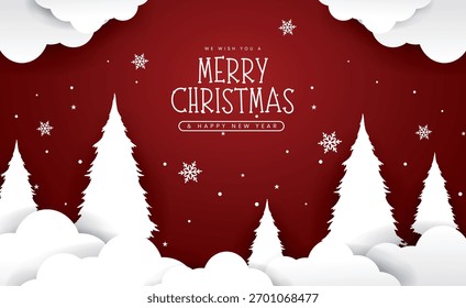 Diseño de Vector de tarjeta de felicitación de feliz Navidad. Navidades de papel cortado nubes, pino y Elementos de decoración en Plantilla roja. Tarjeta de felicitación de corte de papel de Ilustración vectorial.